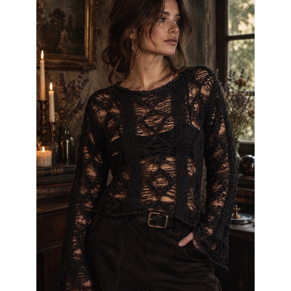 Black Open Knit Distressed Sweater Roll Neck Witchy Whimsigoth Grunge Top Large